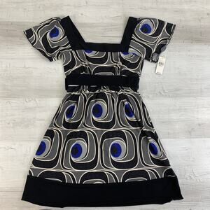 BCX Geometric Shimmer Swirl Groovy Retro Short Sleeve Square Neck Dress Small